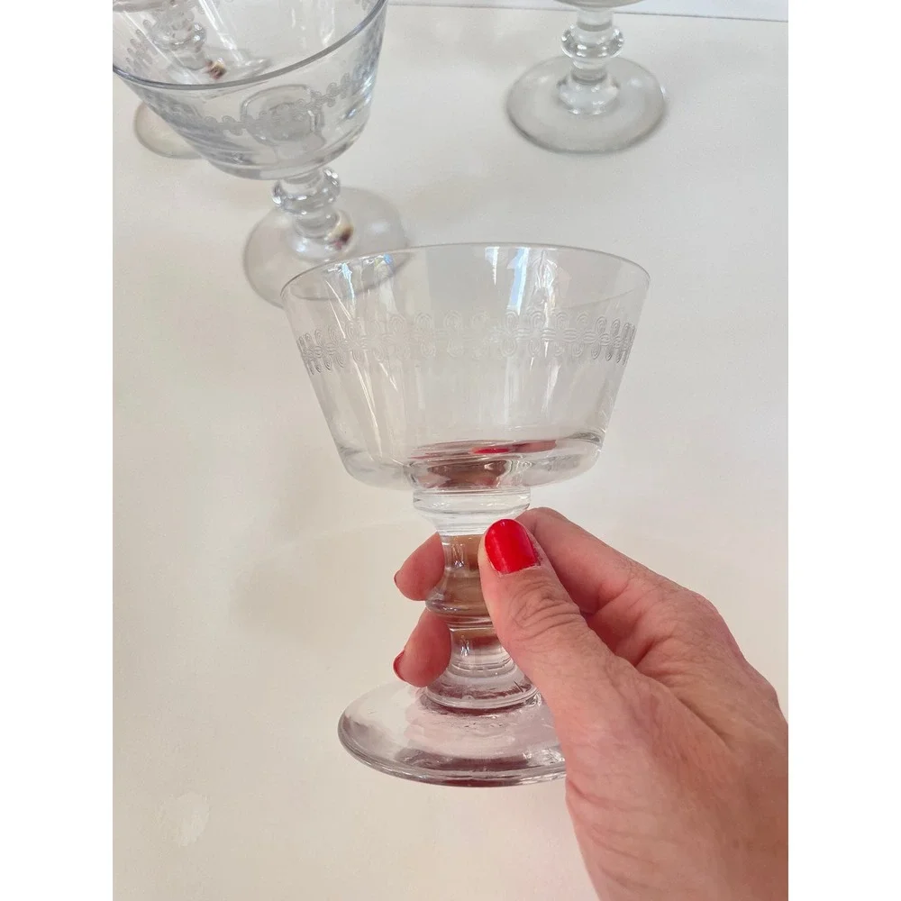 Vintage Etched Glass Coupe Champagne Glasses Set of 4 Clear Pedestal Stem